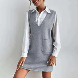 Casual Dresses Autumn Women V Neck Sleeveless Sticke Solid Short Sweater Dress with Pickets Korean Style Fashion Mini