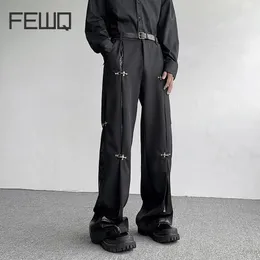 Fewq Mens Pants Autumn Winter Metal Buckle Design Pu Leather Splicing Fashion Darkwear Trousers 24x1740 231222