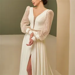 Maniche lunghe con paillettes Una linea abiti da sposa per donne con laterale illusione in chiffon illusione abito da sposa moderno vccino da sposa abito da sposa Vestidos de nolia