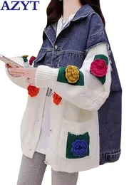 Giacche Azyt Decorazione floreale Donne maglione cappotti Fashion Denim Patchwork Cardigan Jackets Female Autunno inverno sciolta maglione 2022