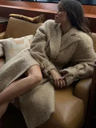 Renda até longo casaco de lã feminino outono inverno duplo breasted manga longa lapela casaco elegante feminino vintage topcoat 231225