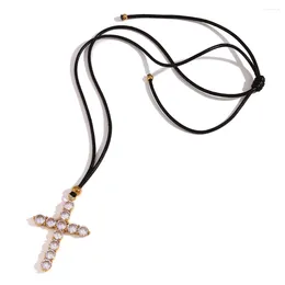 Pendant Necklaces Vintage Inlay Zircon Stainless Steel Cross Black Rope Chain Length Can Be Adjustable Daily Jewelry For Women