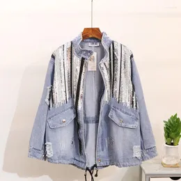 Frauenjacken Herbst -Pailletten Denim Jacket Women Bomber Fashion Long Sleeves Coats Vintage Hippie Jeans Colete Feminino R832