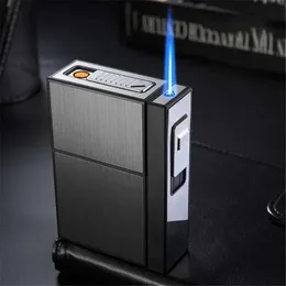 New Can Hold New Metal Cigarette Case Flashlight USB Lighter Windproof Jet Rechargeable No Gas Lighter Men's Gadget