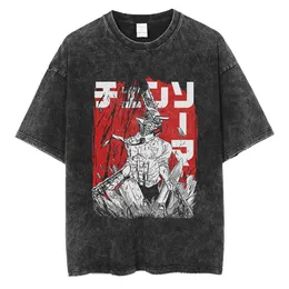 Men Washed Tshirt Anime Chainsaw Man T Shirt Women Streetwear Cotton T-shirt Power Loose Short Sleeve Shirts Pochita Denji Tees