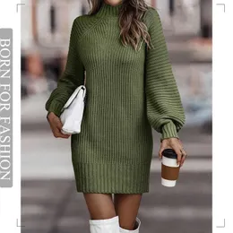 Vintage Winter Knitted Dress Ladies Chic Turtleneck Lantern Long Sleeve Mini Sweater Dresses for Women Arrival Clothes 231225