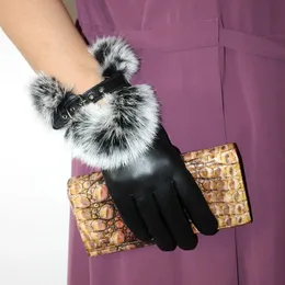 Winter warm sheepskin leather glove 's fashion rabbit fur mouth velvet lined wind and cold driving 231222