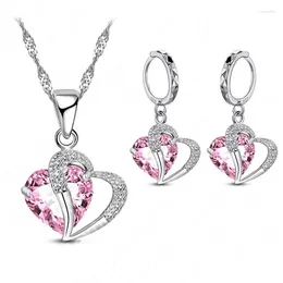 Halsbandörhängen Set Luxury Women 925 Sterling Silver Cubic Zircon Pendant sätter broskpiercing smycken bröllopshjärta design