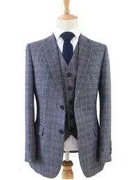 Giacche Spedizione gratuita Lana Grigio Blu Tweed Uomo Custom Made Abito da uomo 3 pezzi Tailor Made Abiti slim fit per uomo Blazer (giacca + pantaloni + gilet