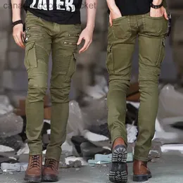 Mäns jeans Green Black Denim Biker Jeans Mens Skinny 2023 Ruy Distressed Slim Elastic Jeans Homme Hiphop Washed Military Cargo Pants L231225