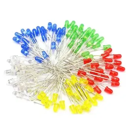 20 Stück 3 mm 5 mm LED-Leuchtdioden, häufig verwendete Dioden, 2 Pins, Gelb, Blau, Grün, Weiß, Rot (5 Farben, je 20 Stück)