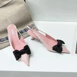 MIUM Luxury Bow Tie Sandals Petite Mid High High High Cheels Satin Silk Pointed Bow Rhinestone Black Pink Fashion Party Career