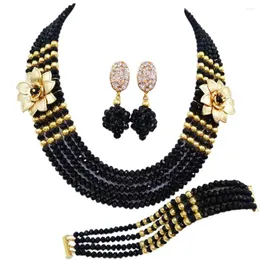 Halsbandörhängen Set Swell Black African Jewelry 5 Rows Double Flower Nigerian Wedding 5C-SXH-04