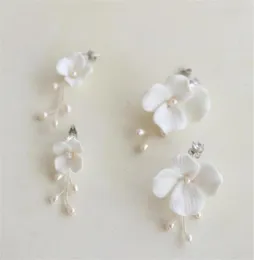 White Ceramic Flower Earrings Wedding Bridal Jewelry Set Freshwater Pearls Flowers Floral Earring Fashion Charm Dropping Long Drop9474086