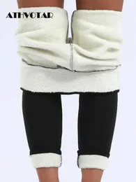 Athvotar Winter Pants Women Fleece厚い子羊ウールアウターサーマルハイウエストレギンスウォームスリムな黒いベルベットメスパンツ231225