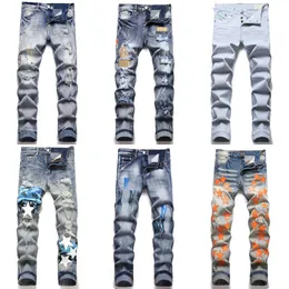 Calça jeans de grife de grife amirs letra de hip-hop de moda graffiti impressão elástica conforto slim calças de ajuste amirly masculino de corrida calça jeans mensal