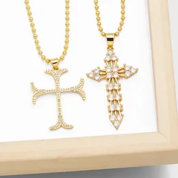 Pendant Necklaces FLOLA Gold Plated Cross Beads Chain For Women Copper CZ Crystal Dainty Christian Jewelry Collar Cruz Nkeb839