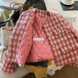 Шерстяное пальто в Корейском стиле, зимнее темпераментное розовое пальто в клетку, женские стеганые пальто, хлопковые Jaquetas, шикарная мода 231225