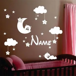 Stickers Personalized Name Baby Nursery Room Moon and Star Wall Stickers, Cute Smiling Stars with White Clouds Kids Room Decor Art