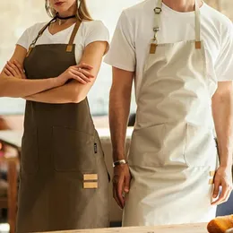 Grembiuli Beige Marrone Poliestere Cotone Bavaglino Grembiule Barista Barista Camerieri Pasticcere Chef Ristorante Hotel Uniforme Bistrot Cafe Abbigliamento da lavoro K2 2