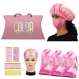 Set di parrucche con logo personalizzato Pacchetto di capelli vergini Confezione maschera di raso Borse in raso Hang Tag Bundle Avvolge Cofani Fascia per capelli291K