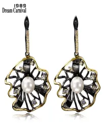 DreamCarnival 1989 Lotus Flower Earrings Hollow Created Pearl CZ Black Gold Color Hip Hop Pendientes tipo gota Parties Jewelries 29692294