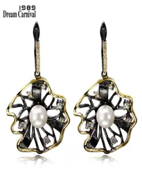 DreamCarnival 1989 Lotus Flower Earrings Hollow Created Pearl CZ Black Gold Color Hip Hop Pendientes Tipo Gota Parties Jewelries 29692294