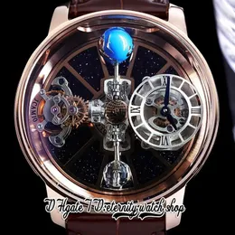 BZF Astronomia Tourbillon Швейцарские кварцевые мужские часы из розового золота со стальным корпусом Sky Skeleton 3D глобусный циферблат не вращается Коричневая кожа 280c