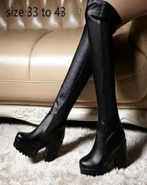 Patchwork elástico negro sobre la rodilla botas altas hasta el muslo diseñador de lujo botas de mujer plataforma cómoda tamaño de tacón grueso 37017812
