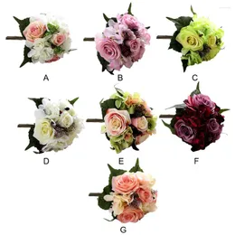 Decorative Flowers Artificial Bouquet Fake Hydrangea Heads Lifelike Roses Party Home Self-Assembly Bunch Wedding Display Green