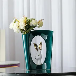 American Ceramic Bunny Vase Figures Home Livingroom Desktop Fake Flower Pot Statyes Crafts Clubs Table Accessories Decoration 231225