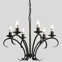 Lustres Vintage Ferro Forjado LED Candelabro Luz de Vela Preto Metal Luminária para Sala de estar Foyer Pendurado Lâmpada Pingente