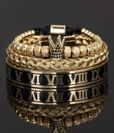3 pçsset charme jóias coroa de luxo artesanal masculino esmalte numeral romano pulseiras corda de cânhamo fivela aberta aço inoxidável micro pave cz7776093