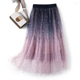 التنانير النمط الكوري للألوان تدريجية شبكية تابعة للألوان A-LINE SKIRT FLAME GLITTER SILVERMANT