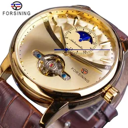 Moduły Forsining Automatyczne zegarek Mężczyźni Faza Księżyca Złote szkieletowe mechaniczne zegarki męskie zegarki swobodne brązowe skórzane opaska Horloges Mannen Clock