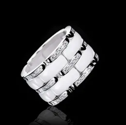 New Arrival Fashion Lady 316 Titanium Steel Black White Ceramic Setting Three Rows Diamond Wedding Engagement 18K Gold Plated Ring4124257