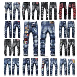jeans viola Designer Jeans di marca viola con etichette per uomo Cheap Y2k Street Denim Paint Graffiti Pattern Fori danneggiati Pantaloni skinny strappati Jeans da uomo dipinti