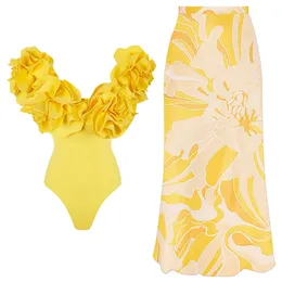 Yellow 3D Flower Swimsuit and Skirt for Women 2024 Strapless Swimwear Female Bandeau Beach Bathing Suit 231225