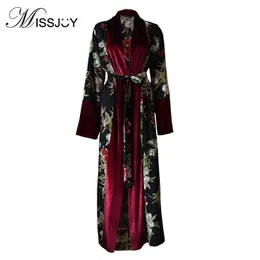 ملابس Missjoy Open Abaya Maxi Velvet Dress Women Dubai Kaftan Clothing 2018 Cardigans Long Sleeve Flower Printed Islamic Muslim Kimono