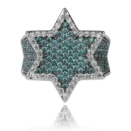 Nowy mrożony pełny sześcien cyrkon Franklin Mint zielony kamień szlachetny Men039s Sześciokątna gwiazda złota pierścionek Hiphop Biżuter