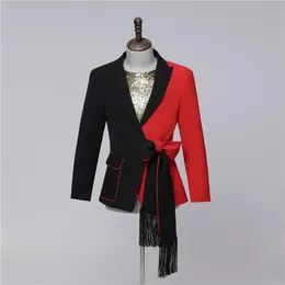 Blazers Bar Stage Male Stars Singer Casual Blazer Red Black Splicing Design Suit Jackets Host Performance Slim Fit Coat Nightclub Costume