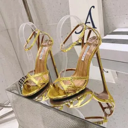 Aquazzura 메탈릭 하이힐 샌들 여성 뱀 진실한 가죽 스틸레토 힐 드레스 신발 10.5cm 발목 패션 파티 웨딩 이브닝 신발