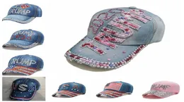 Donald Trump Denim Beyzbol Kapağı Outdoor I Love Trump 2020 Rhinestone Hat Spor Kapağı Çizgili ABD Bayrak Kapağı Snapback LJJA50047067055