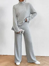 2023 осень-зима, женский повседневный комплект, вязаный однотонный комплект с высоким воротом, женский свитер, свободные брюки, комплект из двух предметов, длинный топ 231225