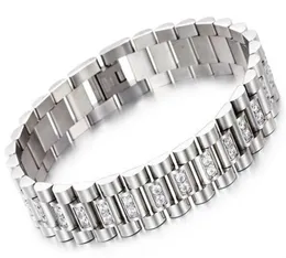 Uhrenarmband-Stil, 15 mm breit, 316L-Edelstahl, luxuriöses Herrenarmband, Gliederarmband mit Zinkenfassung, CZ-Steinen, KKA21996324006