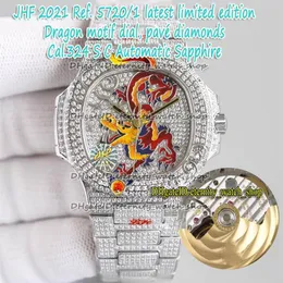 Begränsningsversion Iced Out Full Diamonds 5720 1 Pave Diamond Emalj Dragon Design Dial Cal 324 S C Automatic Mens Watch 5719 Eternity-262s