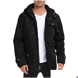 Herrenjacken Herren-Winterjacke, mit Fleece gefüttert, dick, abnehmbare Kapuze, Arbeitsmantel mit Cargotaschen, Drop-Lieferung, Bekleidung, Kleidung, Oberbekleidung Ot9Ol