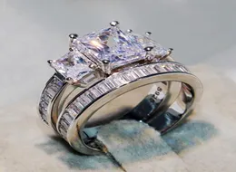 Victoria Wieck Choucong zupełnie nowa para 2pc Pierścienie luksusowa biżuteria 925 srebrna srebrna trzy kamienna księżniczka cięta cZ Diamond Topaz W9856503