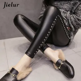 Jielur inverno velo fosco pu couro leggings mulheres moda rebites push up lápis calças 4 cores S-XXXL senhora cintura alta legging 231226