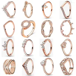 Anillos de racimo de oro rosa para mujeres 925 corona de plata esterlina amor corazón cz circón boda fina compromiso cumpleaños joyería regalos